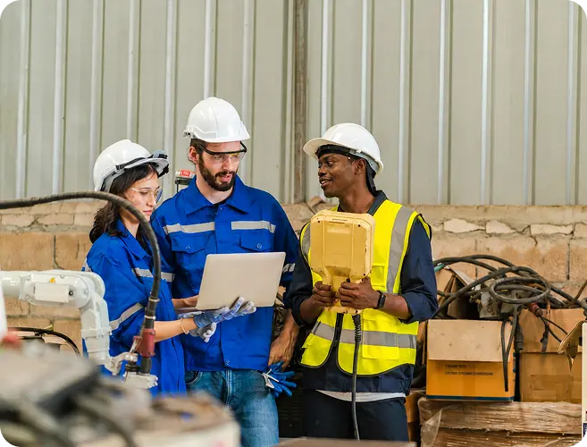 Three workers in hard hats collaborate in an industrial setting, one with a laptop and another holding a handheld device.