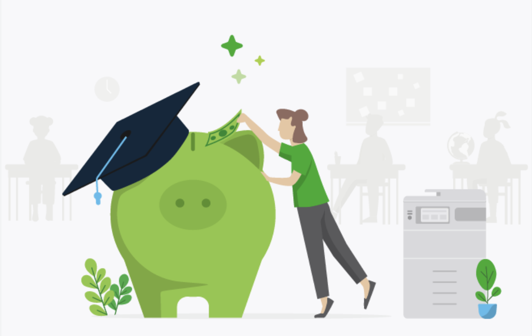 Green piggy bank wearing a graduation cap as a person adds money, symbolizing savings for education.