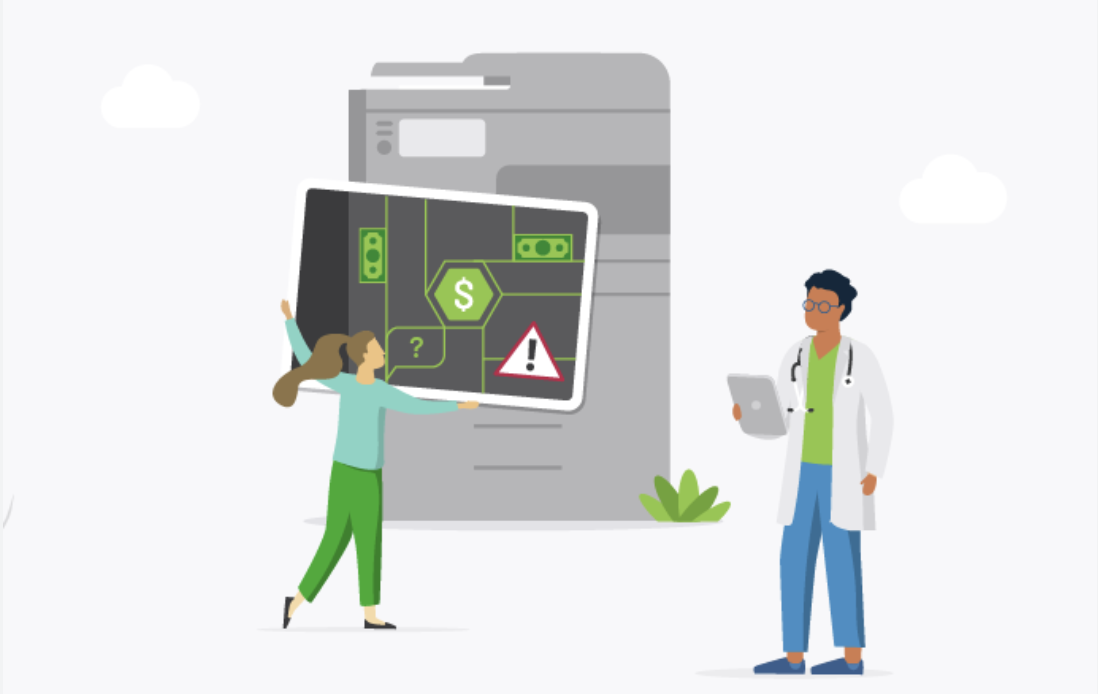 Woman points to a large touchscreen panel showing money, a question mark and a warning icon beside a big printer, as a doctor watches edge of scene.