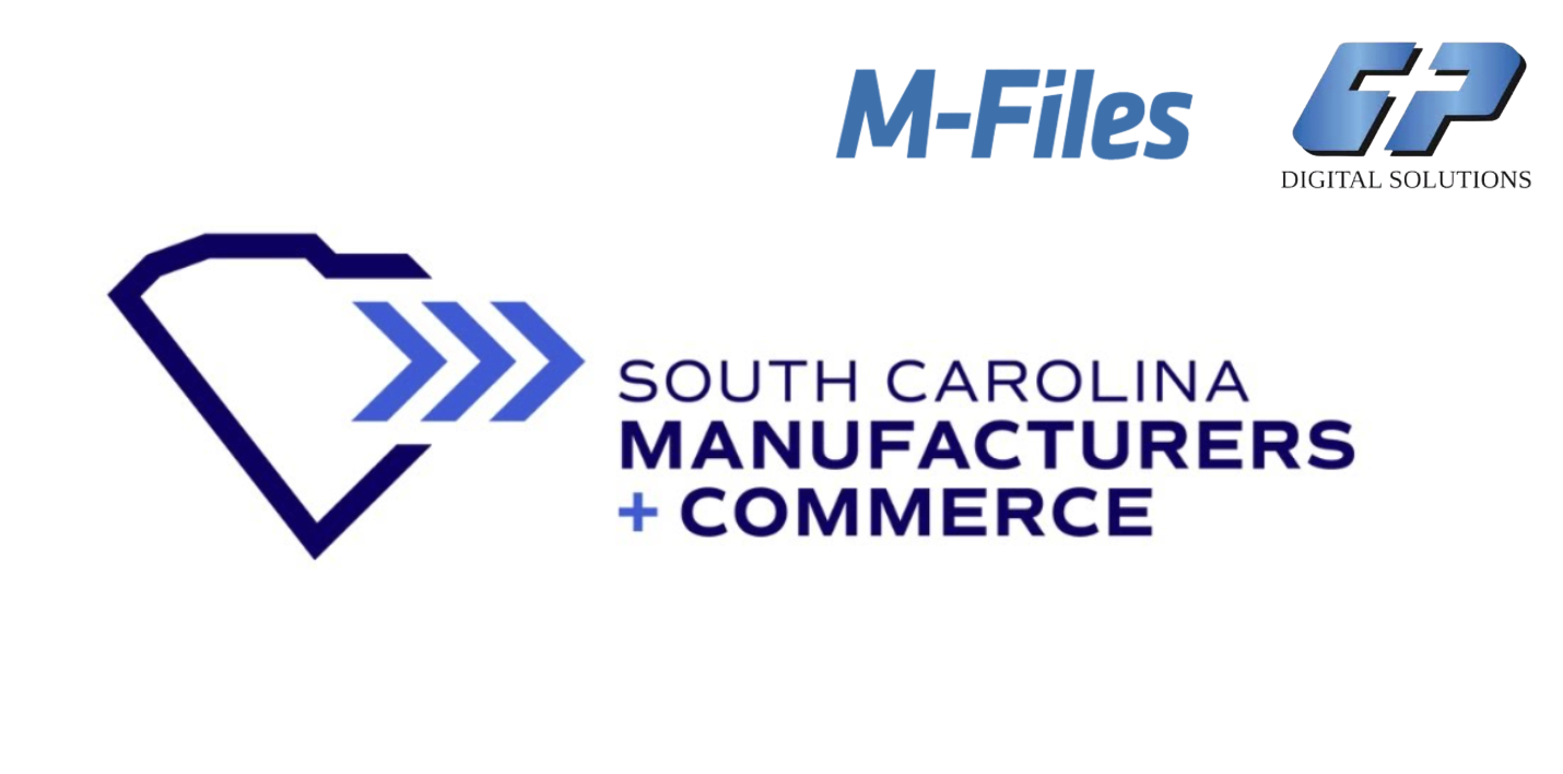 Brand logos for M-Files, GP Digital Solutions, and South Carolina Manufacturers + Commerce (S.C. MC).